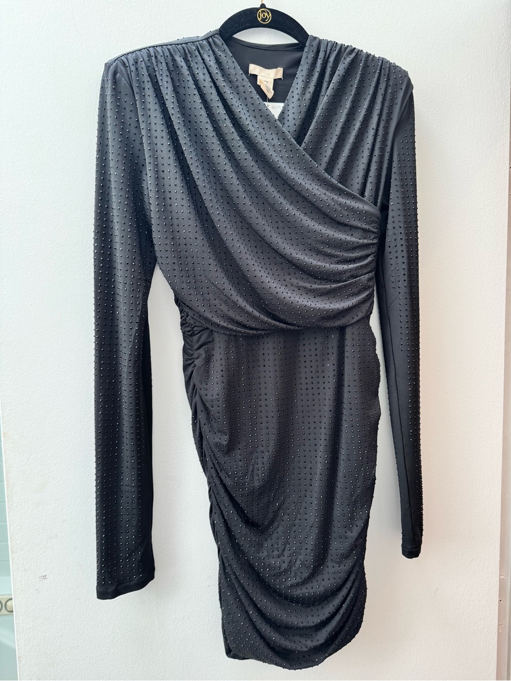 NWT Elegant Black rhinestoned stretchy Ruched Long-Sleeve Dress. Structured top